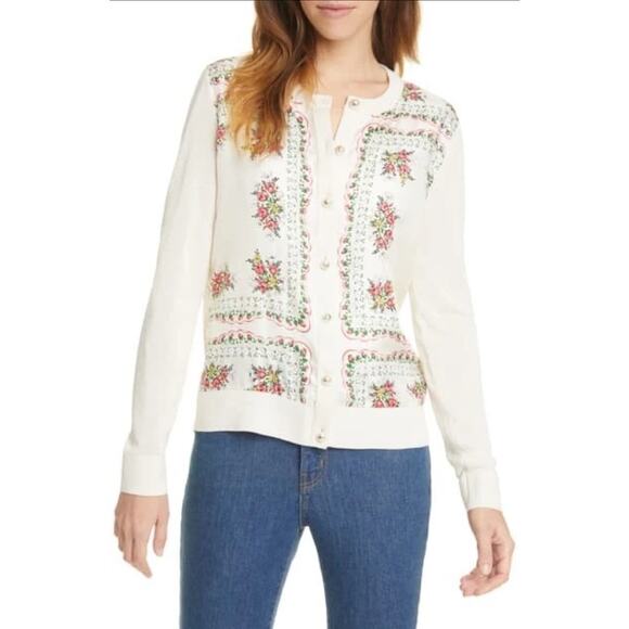 Tory Burch Cream Silk Garden Veil Printed Cardigan Medium - Picture 11 of 11
